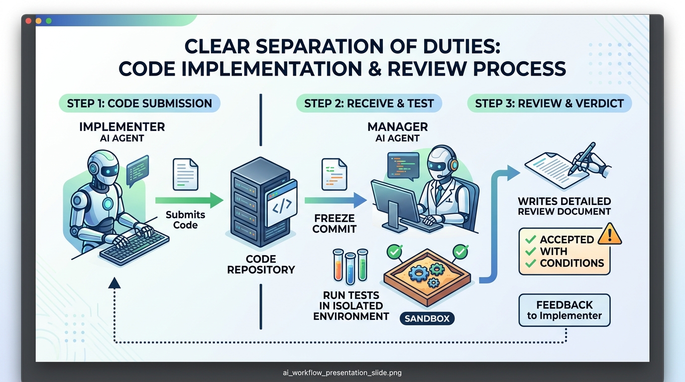 Supervision and review: a workflow where the implementing agent and the reviewing agent are separate