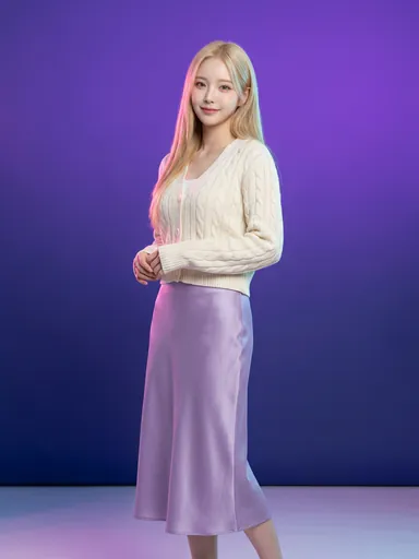 같은 카디건과 연보라 새틴 미디스커트를 입은 가상 인플루언서 — AI 생성 · 가상인물